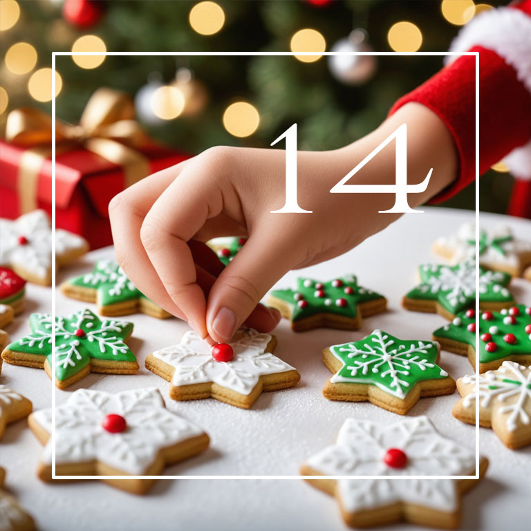 Kind schmückt Weihnachtsguetzli